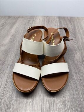 Comfortiva White and Brown Leather Strappy Slingback Sandal